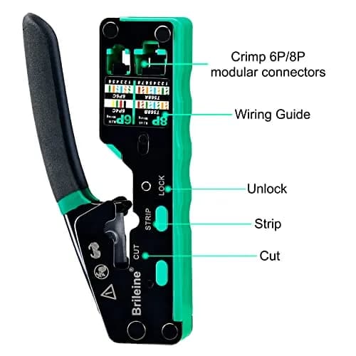 Brileine RJ45 Crimp Tool Pass Through Kit Ethernet Crimper Cat5 Cat5e Cat6 with Network Cable Tester & 100 Connectors (Green) thumbnail 3