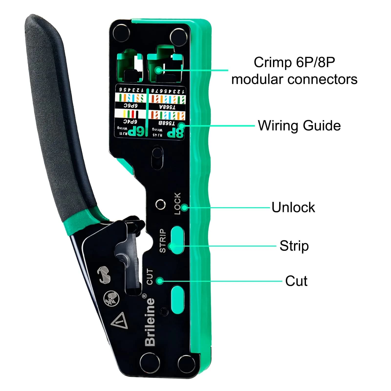Brileine RJ45 Crimp Tool Pass Through Kit Ethernet Crimper Cat5 Cat5e Cat6 with Network Cable Tester & 100 Connectors (Green) - view 3