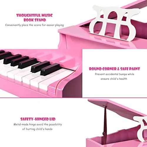 HONEY JOY Classical Kids Piano 30-Key Mini Grand Pink | Wooden Musical Toy for Ages 3+ thumbnail 5