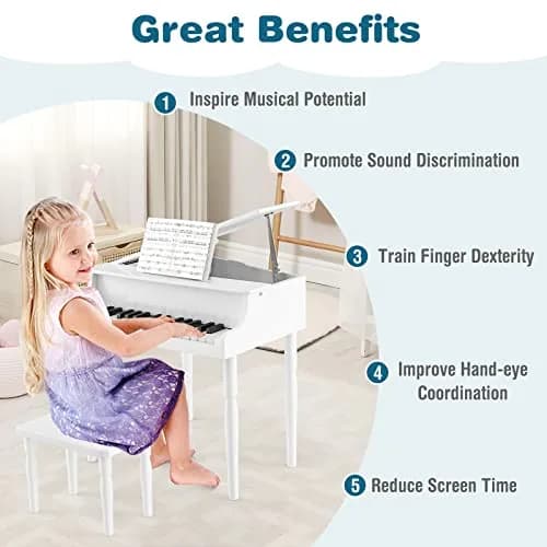 HONEY JOY Classical Kids Piano 30-Key Mini Grand Piano with Music Stand & Bench, Wooden Musical Instrument Toy for Ages 3+ thumbnail 7