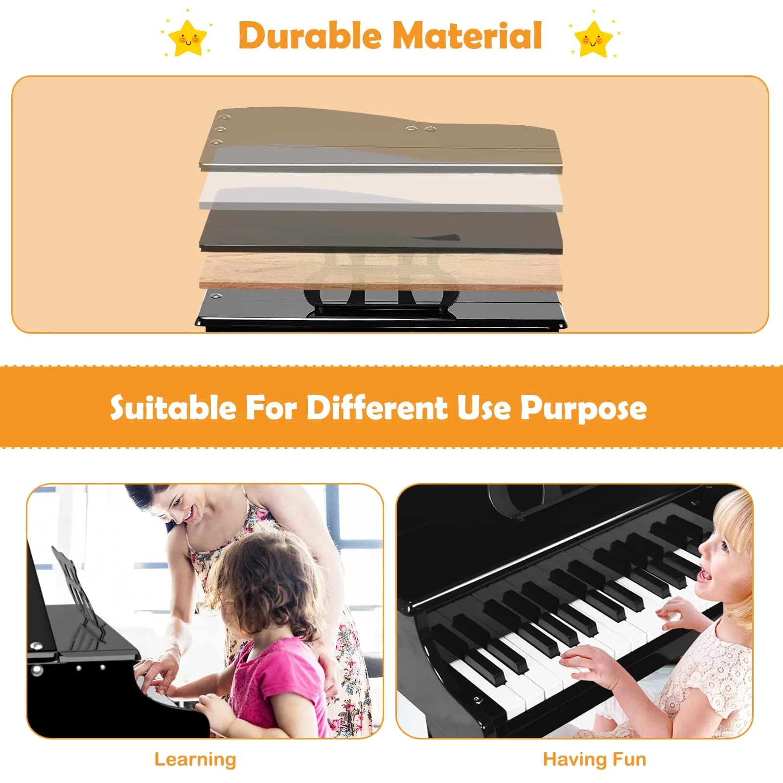 HONEY JOY Classical Kids Piano 30-Key Mini Grand Piano Black | Wooden Musical Instrument Toy for Ages 3+ thumbnail 6