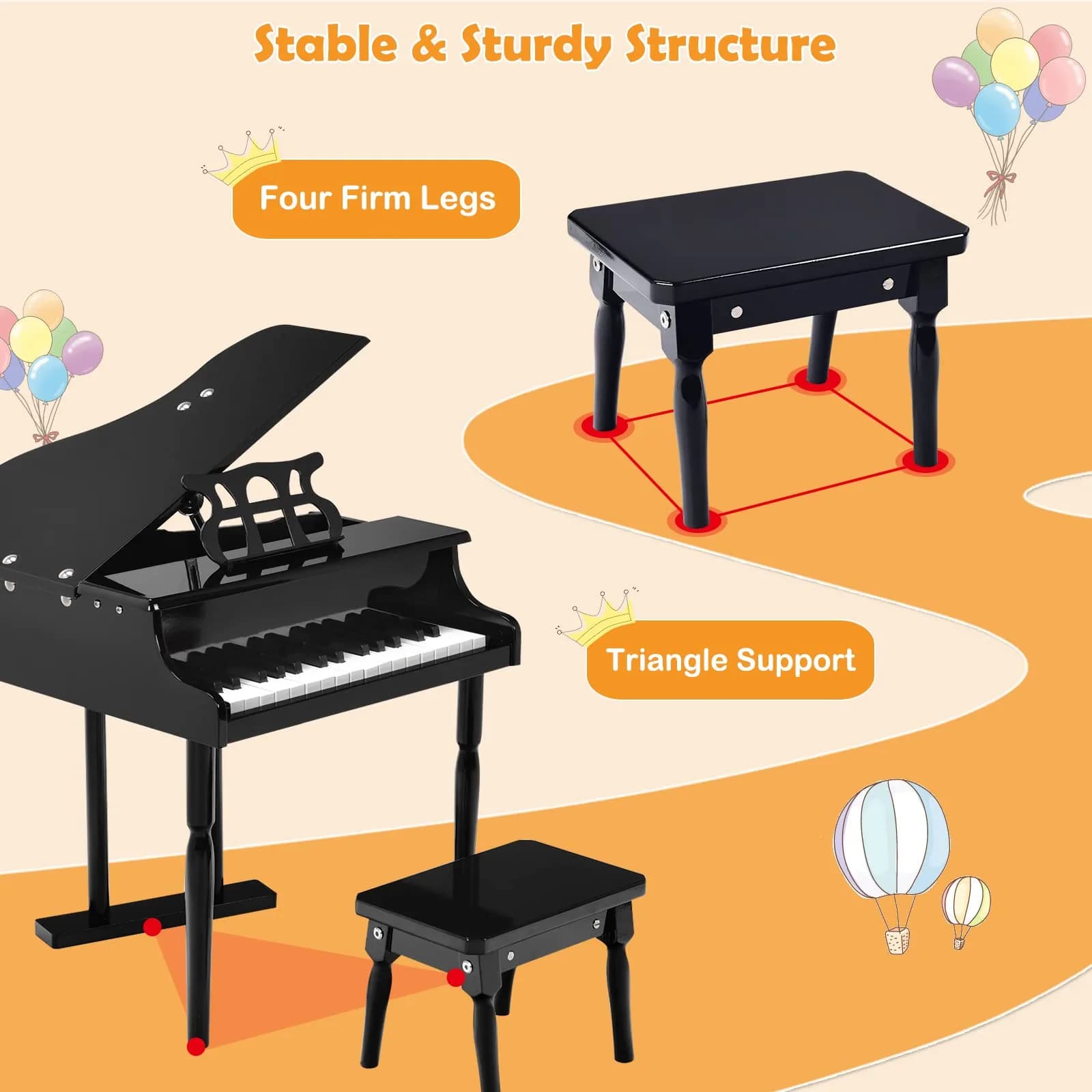 HONEY JOY Classical Kids Piano 30-Key Mini Grand Piano Black | Wooden Musical Instrument Toy for Ages 3+ thumbnail 7