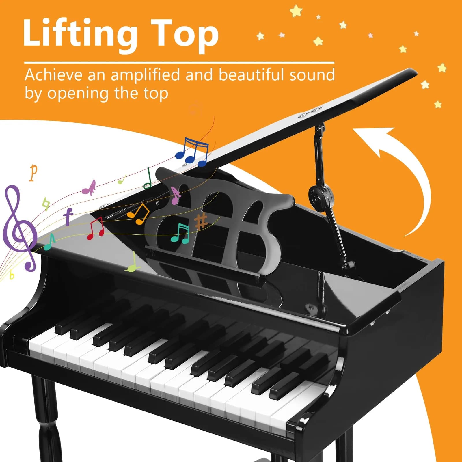 HONEY JOY Classical Kids Piano 30-Key Mini Grand Piano Black | Wooden Musical Instrument Toy for Ages 3+ thumbnail 2