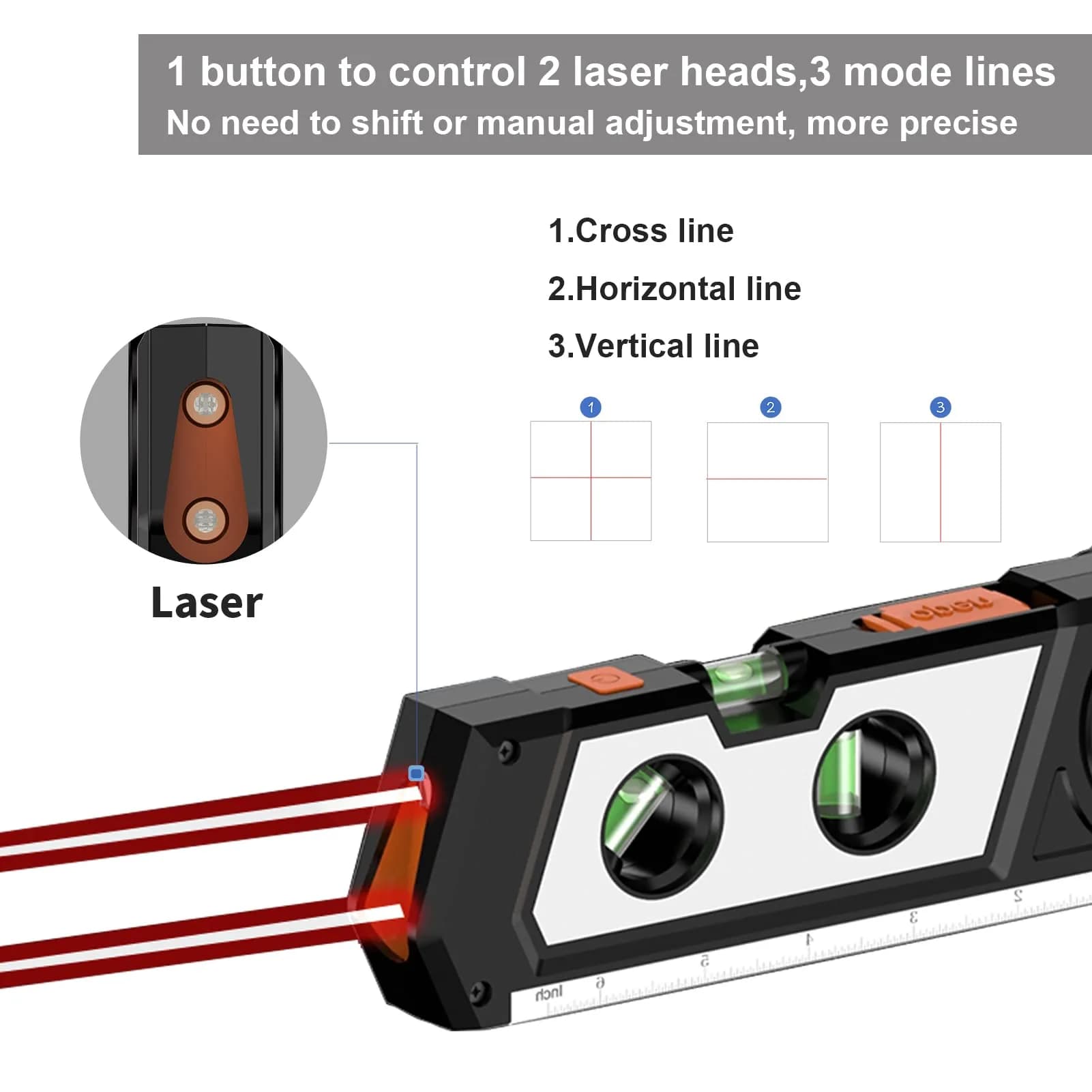 Ayitam 4-in-1 Laser Level Line Tool with Tape Ruler & Ruler Base, 21.6cm (8.5in) | Measures in Imperial & Metric - view 5