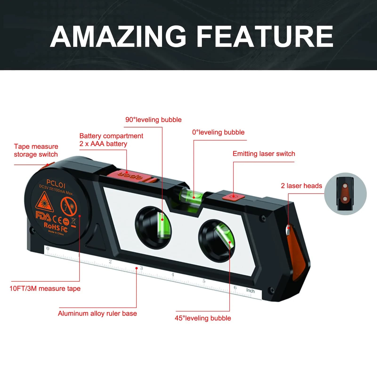 Ayitam 4-in-1 Laser Level Line Tool with Tape Ruler & Ruler Base, 21.6cm (8.5in) | Measures in Imperial & Metric - view 4