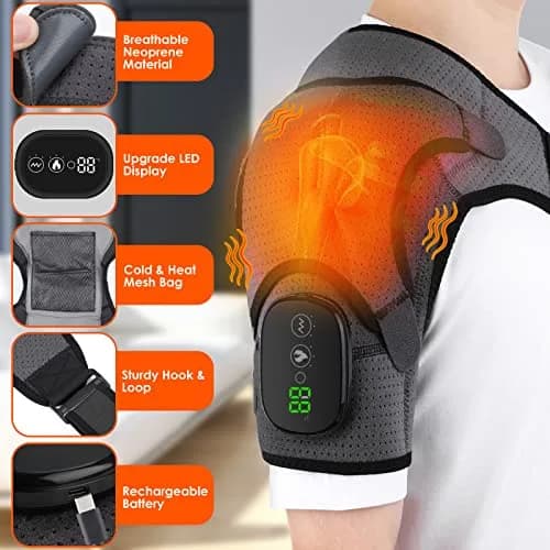 BINGONE Heated Shoulder Wrap with Vibration and Heat, 3 Settings, Cordless, Grey thumbnail 3