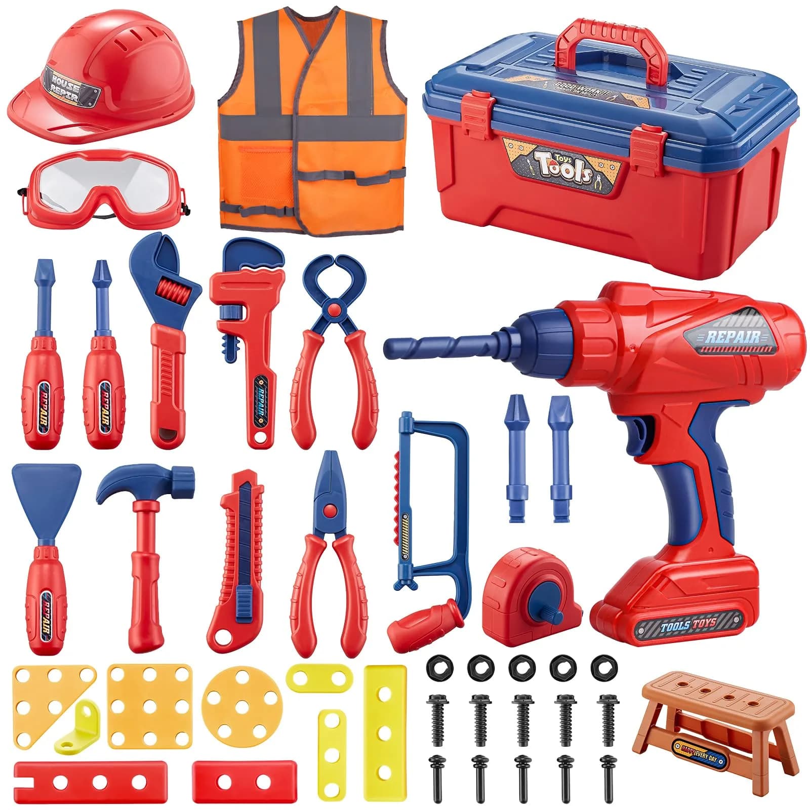 Magic4U Kids Tool Set 49PCS with Electric Drill, Safety Vest, Hat, Goggles | Pretend Play Toy for Ages 3+ - main product image