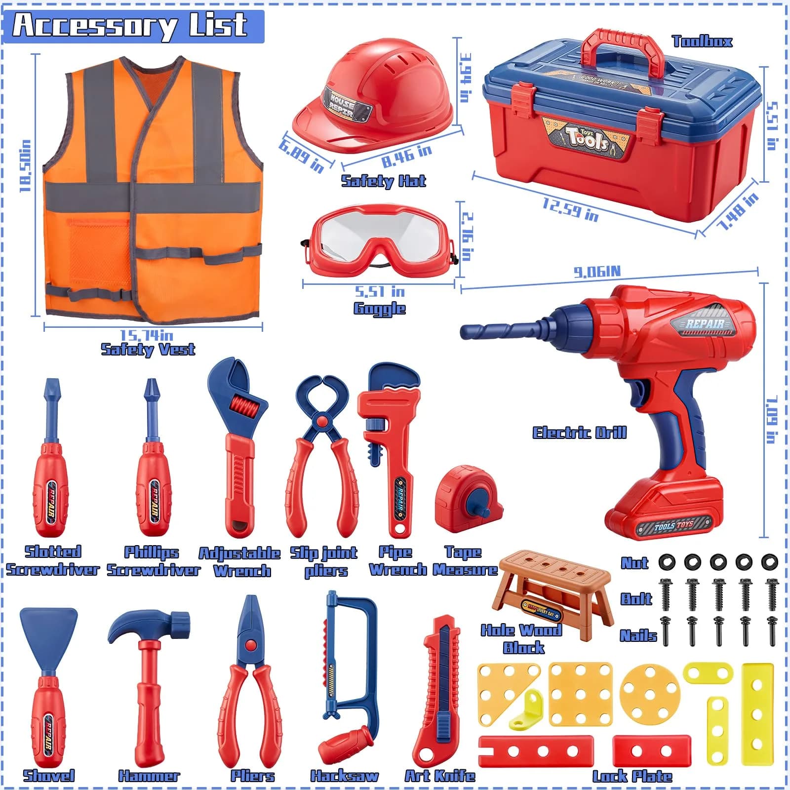 Magic4U Kids Tool Set 49PCS with Electric Drill, Safety Vest, Hat, Goggles | Pretend Play Toy for Ages 3+ - view 5