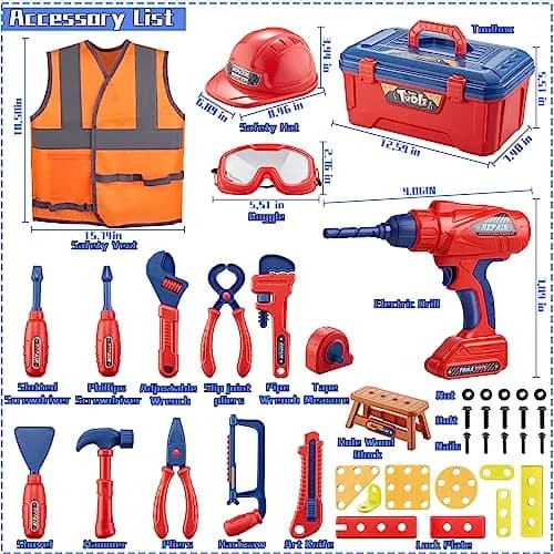 Magic4U Kids Tool Set 49PCS with Electric Drill, Safety Vest, Hat, Goggles | Pretend Play Toy for Ages 3+ thumbnail 5