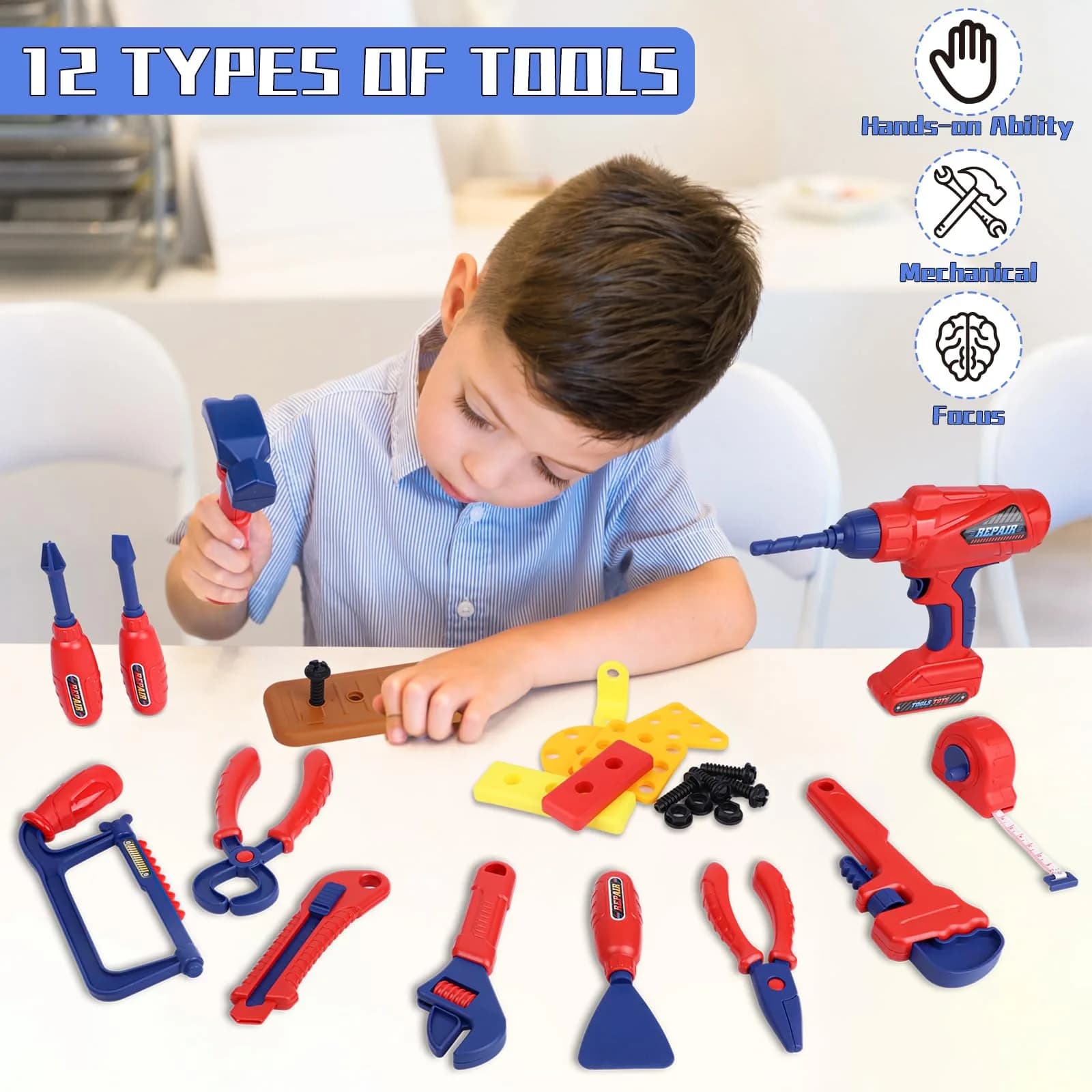 Magic4U Kids Tool Set 49PCS with Electric Drill, Safety Vest, Hat, Goggles | Pretend Play Toy for Ages 3+ - view 6