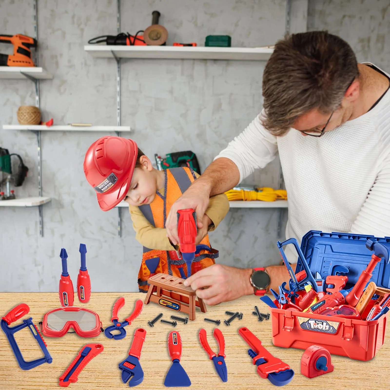 Magic4U Kids Tool Set 49PCS with Electric Drill, Safety Vest, Hat, Goggles | Pretend Play Toy for Ages 3+ - view 8