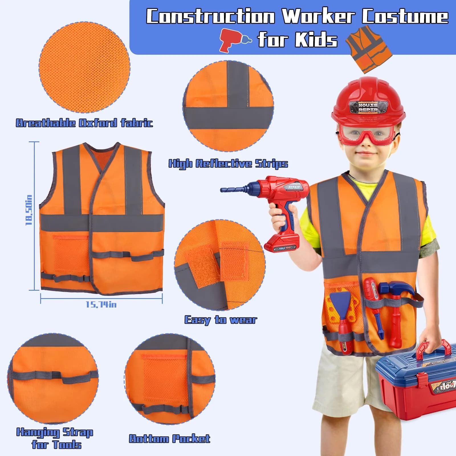 Magic4U Kids Tool Set 49PCS with Electric Drill, Safety Vest, Hat, Goggles | Pretend Play Toy for Ages 3+ - view 3