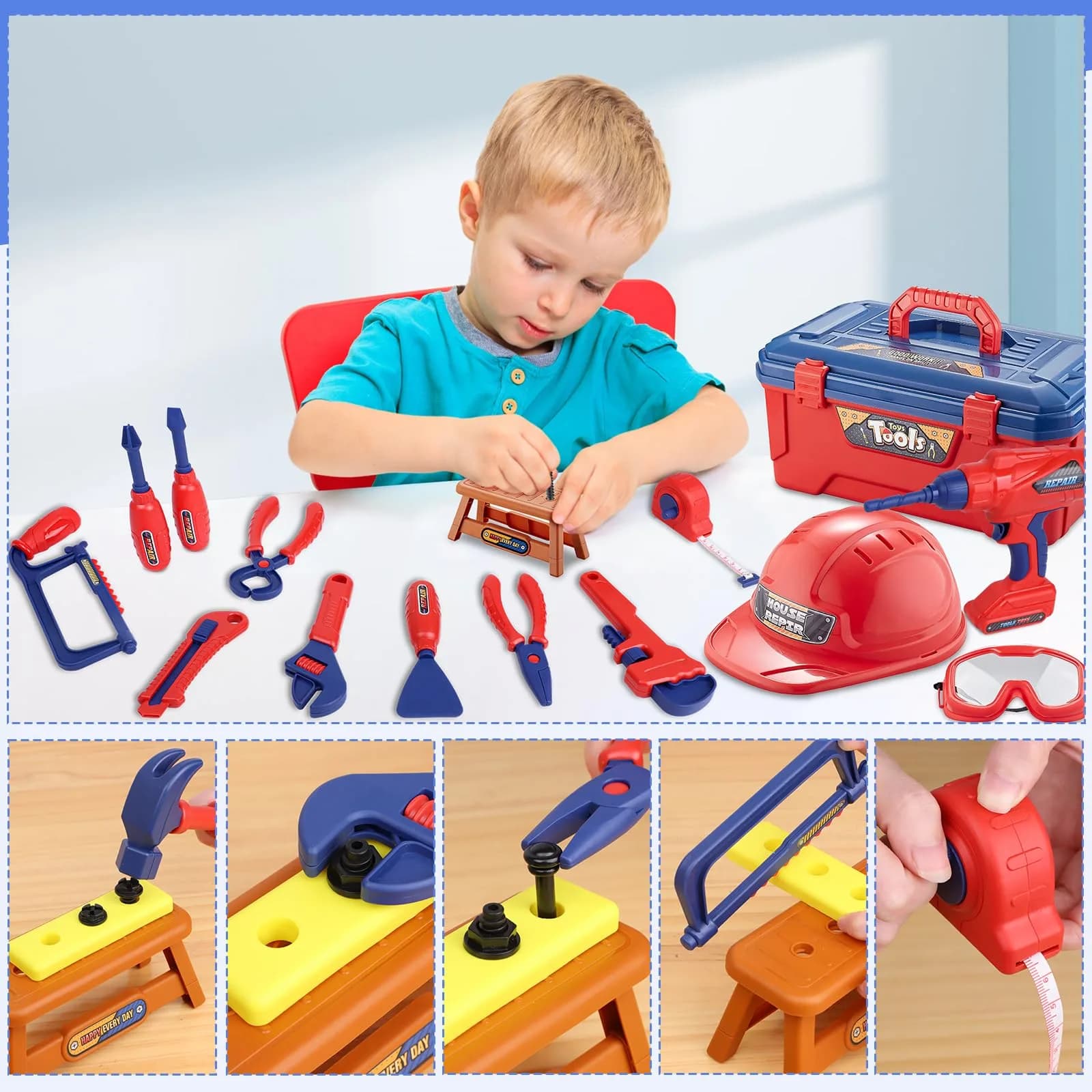 Magic4U Kids Tool Set 49PCS with Electric Drill, Safety Vest, Hat, Goggles | Pretend Play Toy for Ages 3+ - view 4