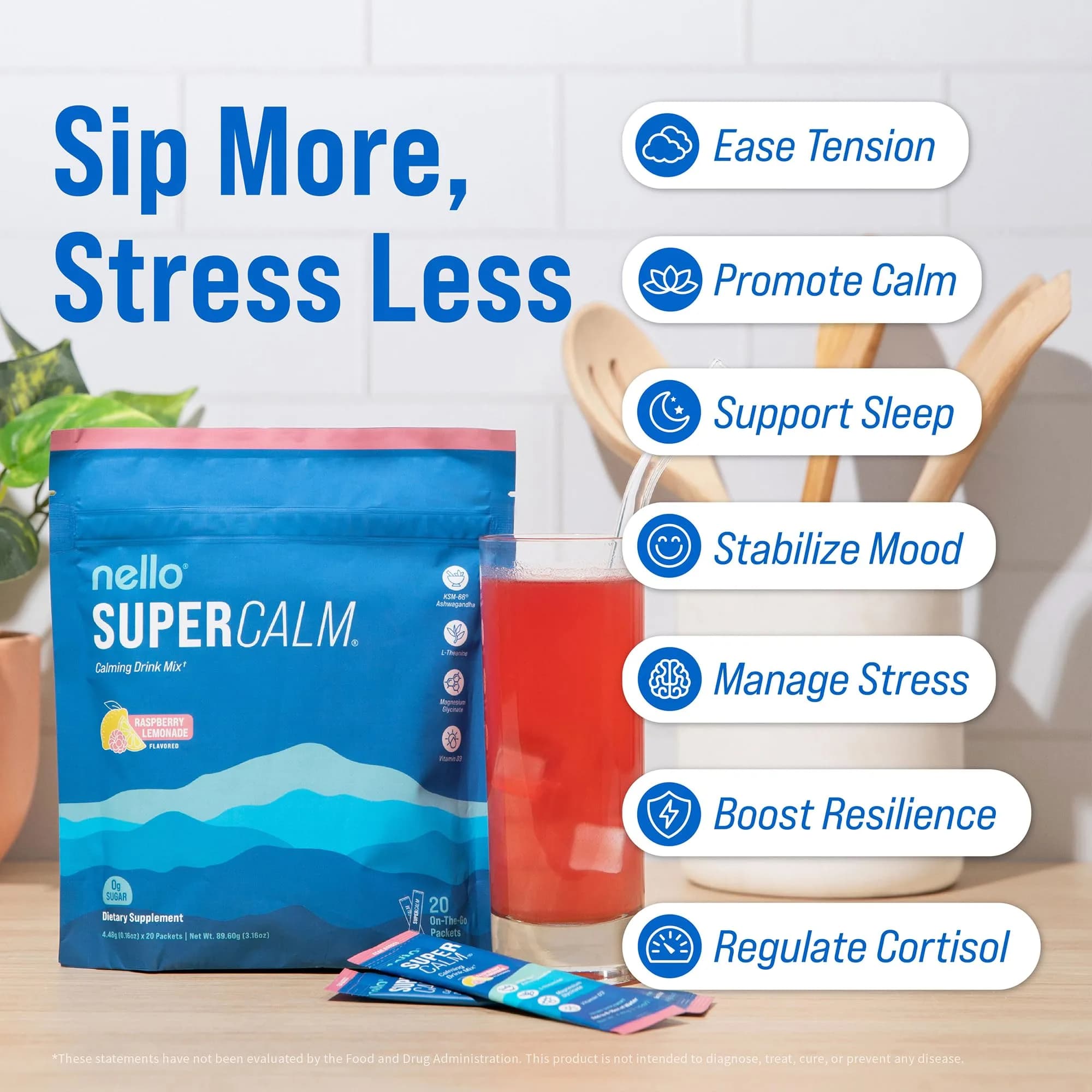 Nello Supercalm Powdered Drink Mix - Raspberry Lemonade Flavor, 20 Servings | Cortisol Reducer & Sleep Aid Supplement - view 3