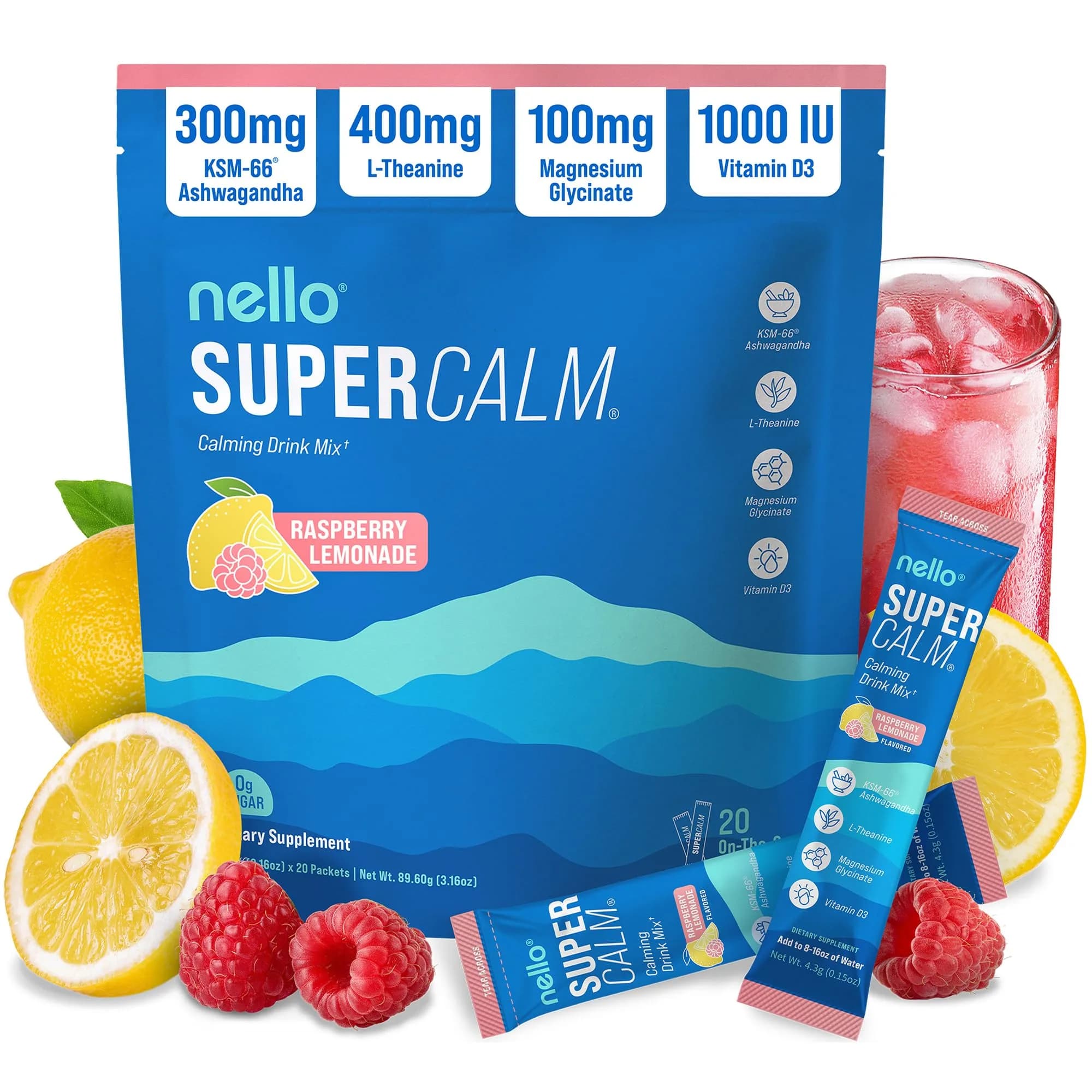 Nello Supercalm Powdered Drink Mix Strawberries & Cream 30 Servings | Cortisol Reducer & Sleep Aid Supplement — Raspberry Lemonade / 20 Servings