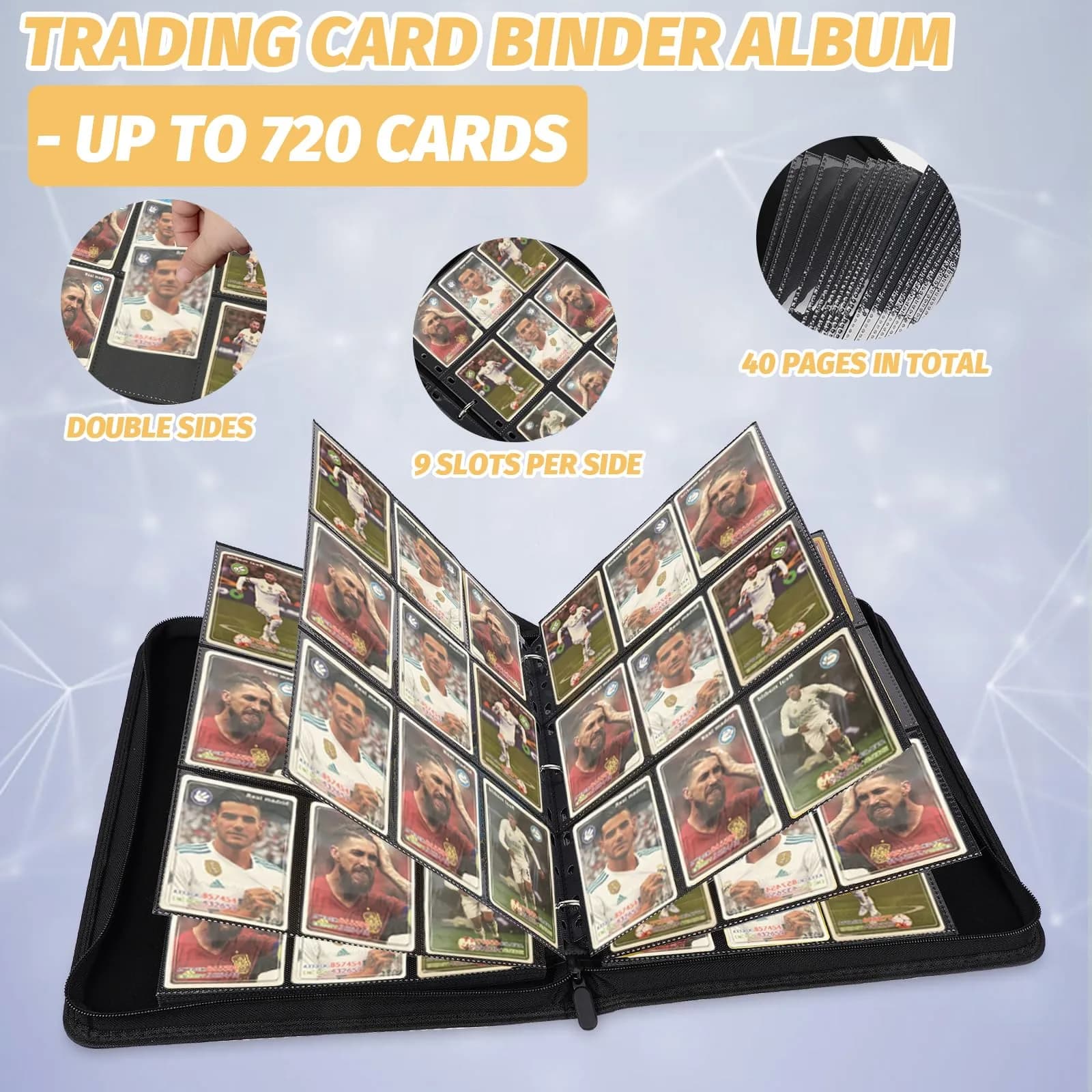 GERMUN 9 Pocket Zipper Card Binder - 720 Card Capacity Album Folder (Carbon Black) - view 4