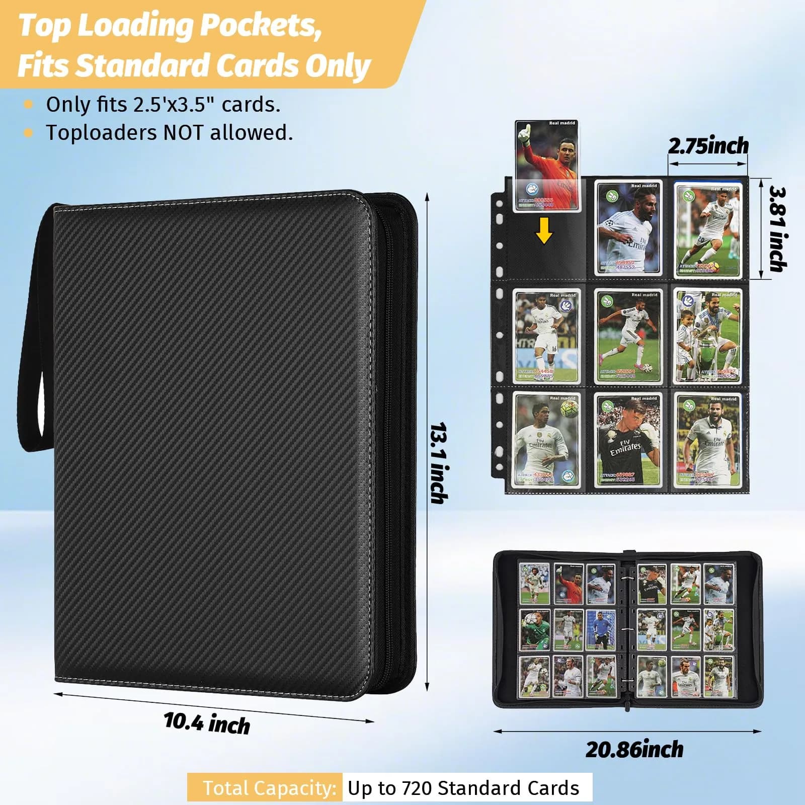 GERMUN 9 Pocket Zipper Card Binder - 720 Card Capacity Album Folder (Carbon Black) - view 2