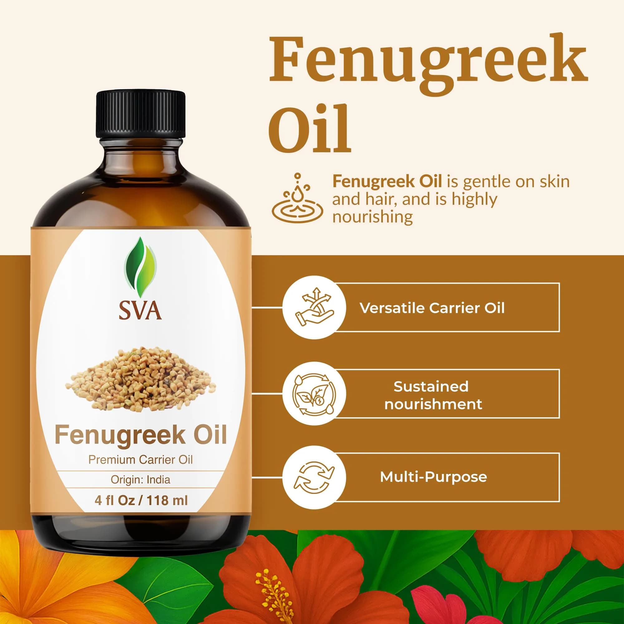 SVA ORGANICS Fenugreek Carrier Oil 4 Fl Oz (118 mL) - Pure & Natural - view 2