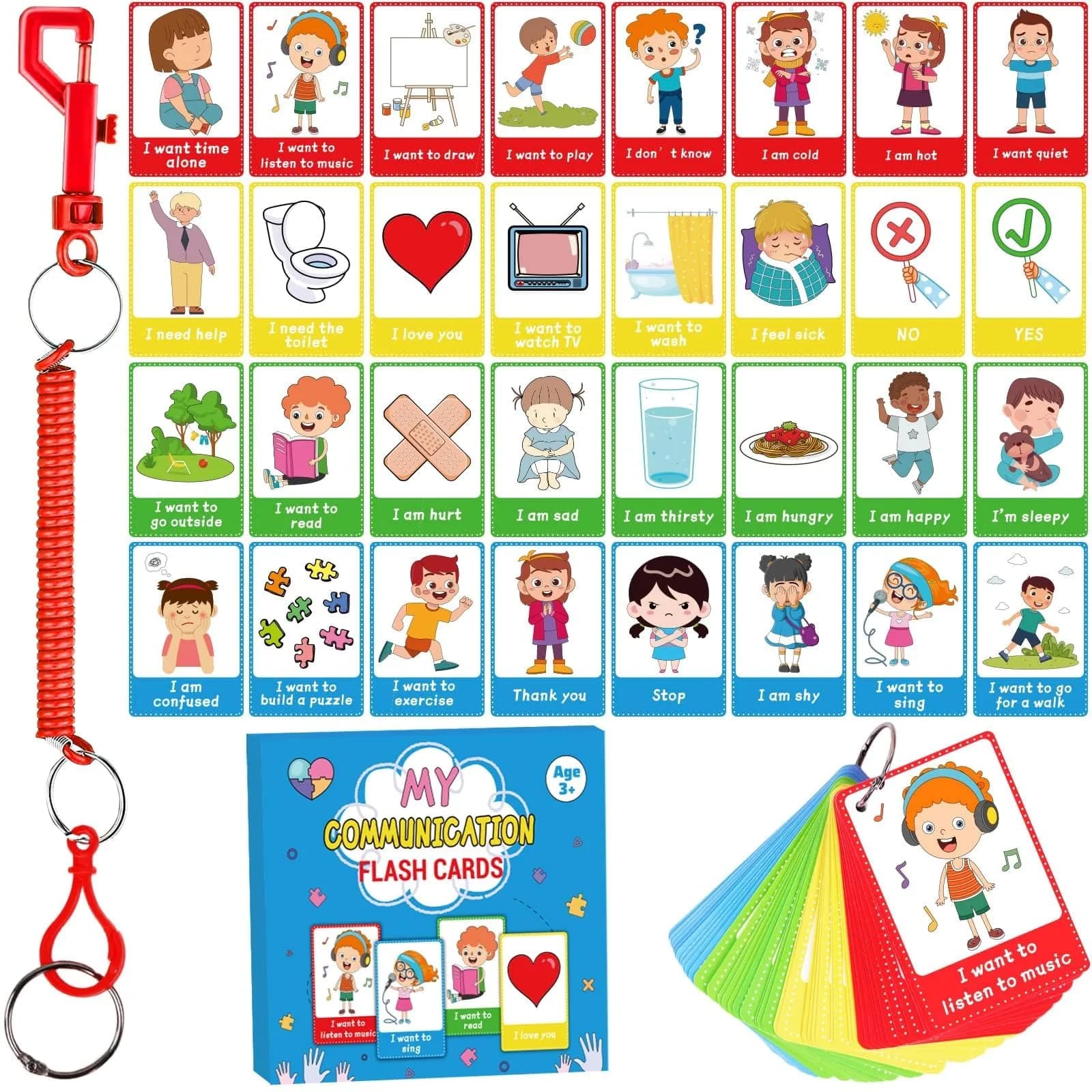 ZOIIWA Autism Communication Cards for Speech Delay, Special Needs Visual Aid Language Learning Cue Cards, 40 Cards with Ring & Retractable Rope - main product image