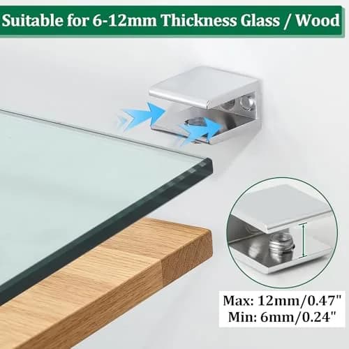 SAYAYO Glass Shelf Brackets, Adjustable for 6-12 mm Wood/Glass Shelf, 8PCS | Durable Metal Alloy Support thumbnail 3