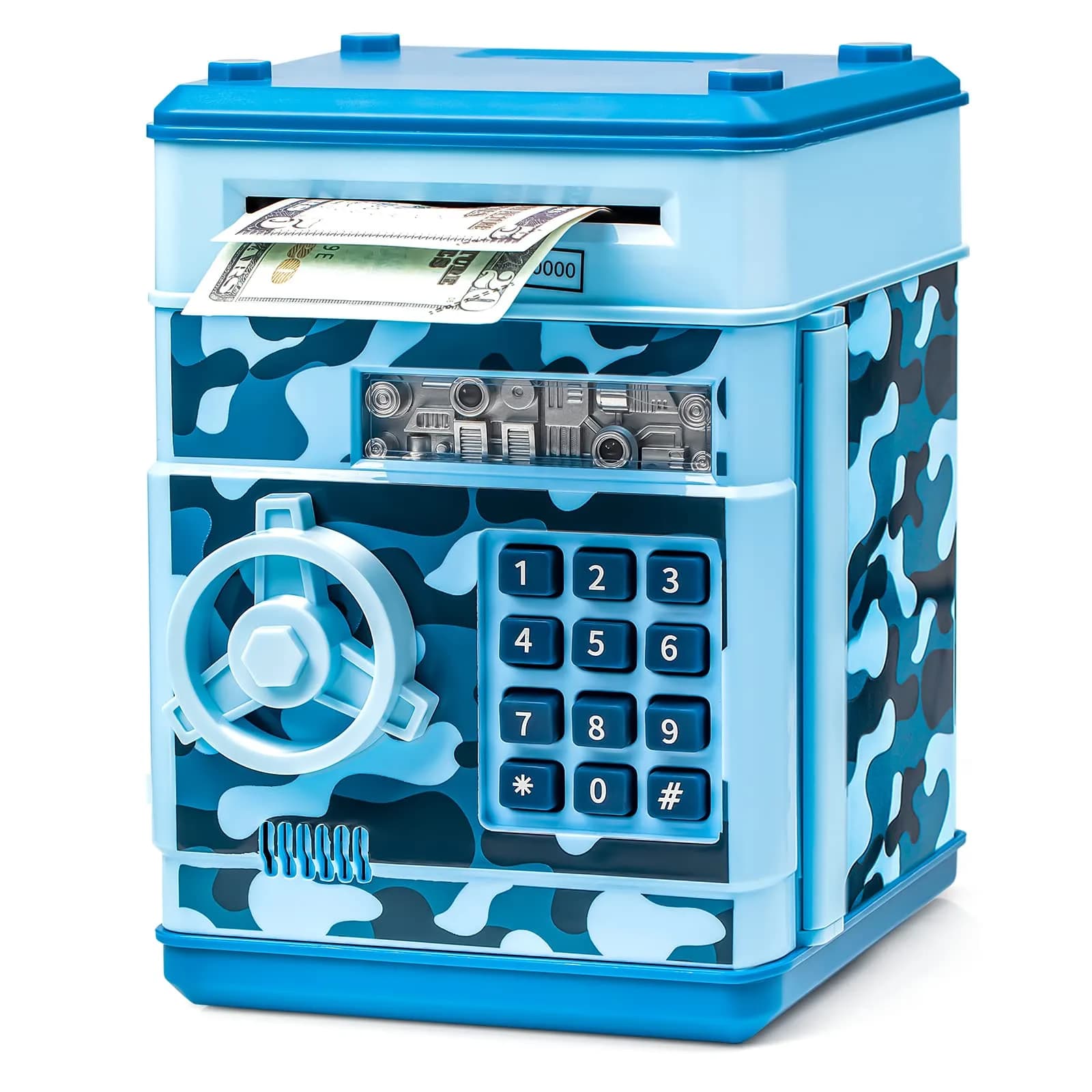 Vcertcpl ATM Piggy Bank Mini Safe with Password, Camouflage Light Blue 14.2cm (5.5in) | Educational Toy for Kids — Camouflage Light Blue