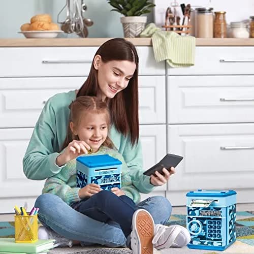 Vcertcpl ATM Piggy Bank Mini Safe with Password, Camouflage Light Blue 14.2cm (5.5in) | Educational Toy for Kids thumbnail 7