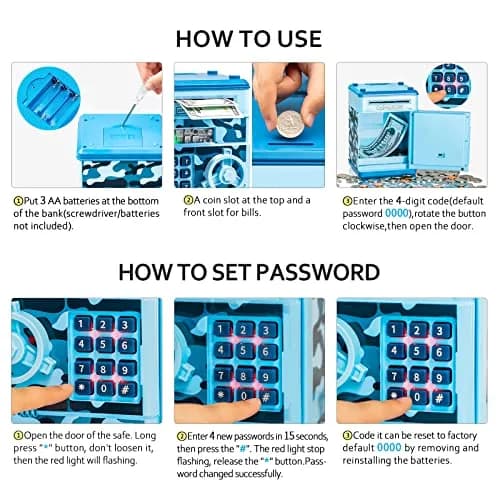 Vcertcpl ATM Piggy Bank Mini Safe with Password, Camouflage Light Blue 14.2cm (5.5in) | Educational Toy for Kids thumbnail 8