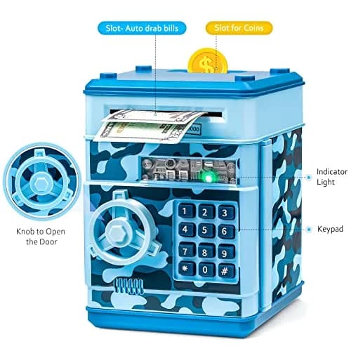 Vcertcpl ATM Piggy Bank Mini Safe with Password, Camouflage Light Blue 14.2cm (5.5in) | Educational Toy for Kids thumbnail 3