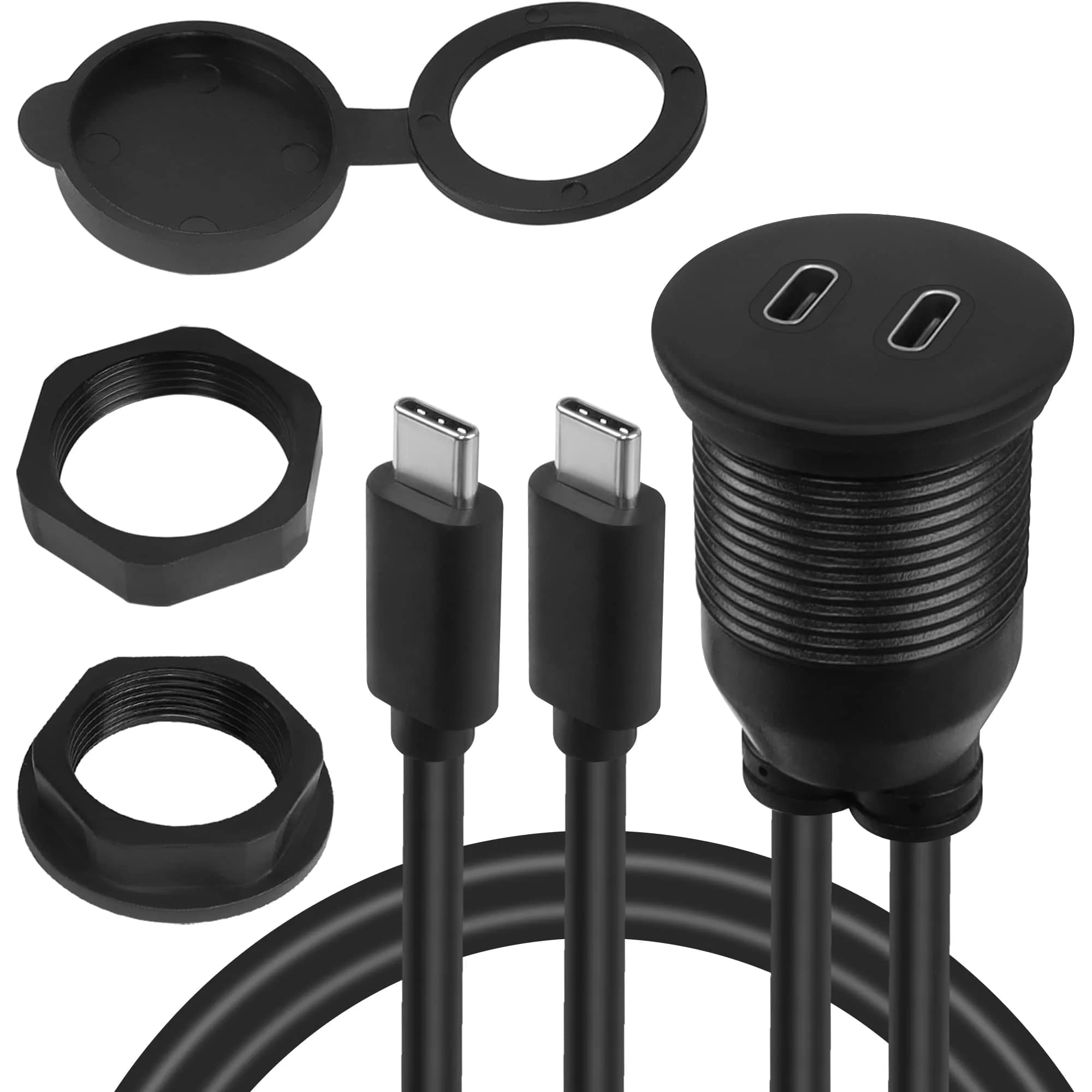 QIANRENON Dual USB C Threaded Flush Mount Waterproof Cable 1m (3.3ft) | 10Gbps Data & 4K Video Support — Black