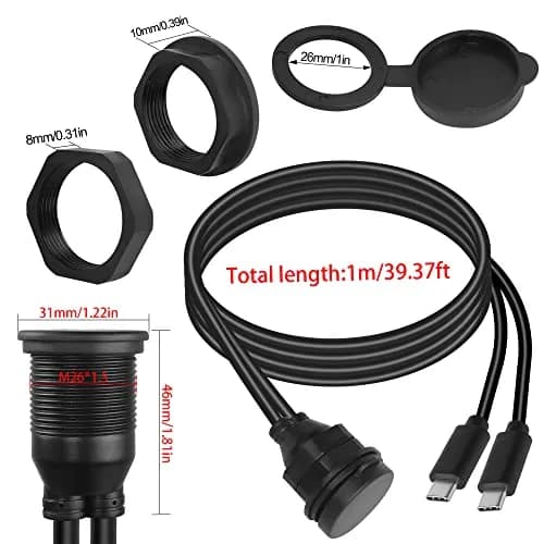 QIANRENON Dual USB C Threaded Flush Mount Waterproof Cable 1m (3.3ft) | 10Gbps Data & 4K Video Support thumbnail 7