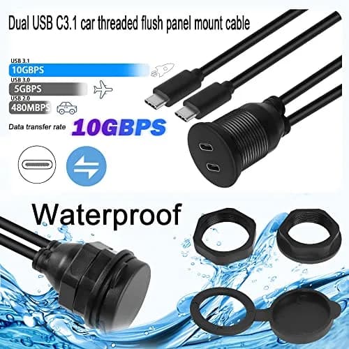 QIANRENON Dual USB C Threaded Flush Mount Waterproof Cable 1m (3.3ft) | 10Gbps Data & 4K Video Support thumbnail 2