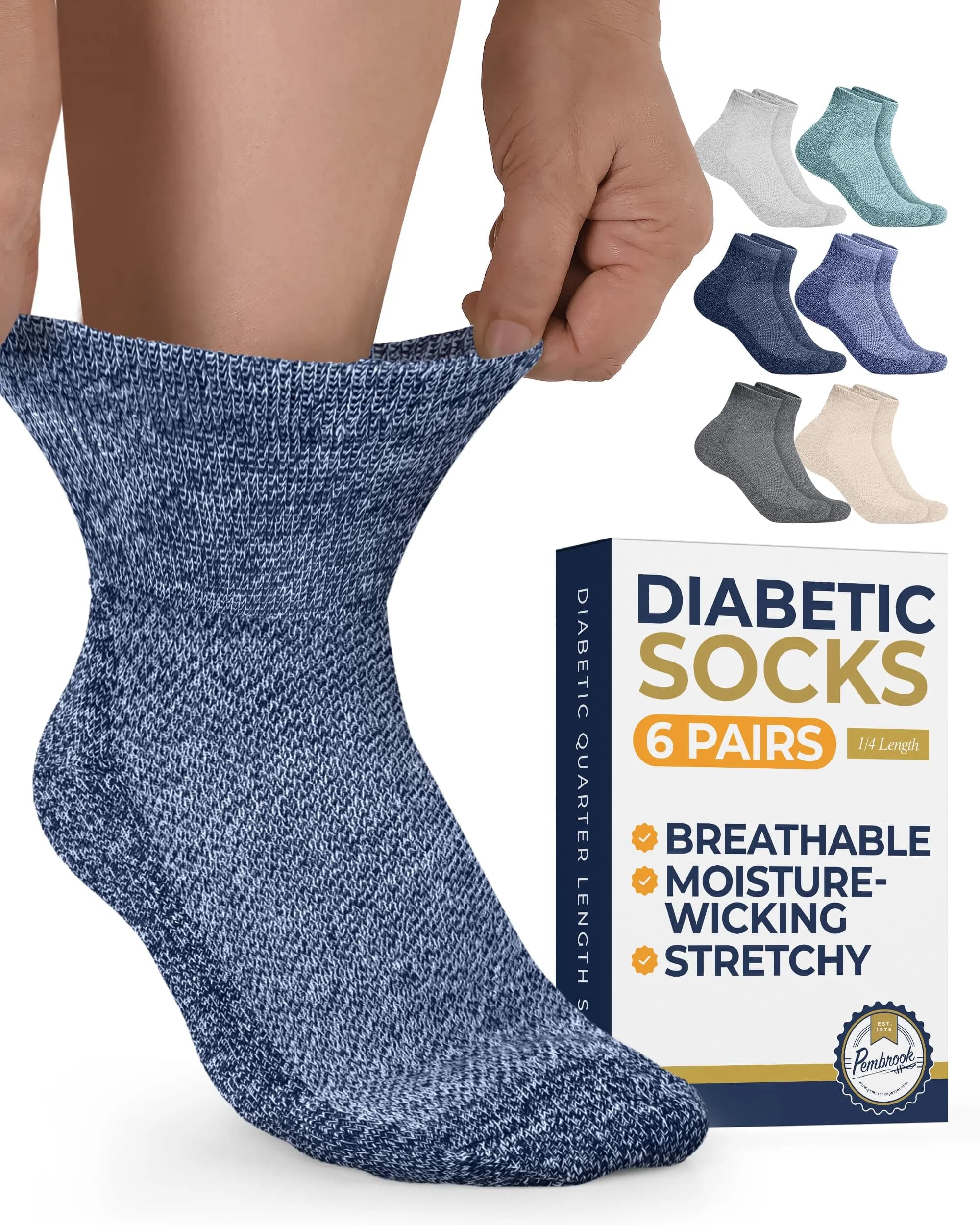 Pembrook Black Diabetic Socks for Men & Women | 6 Pairs | Medium (Men 5-9, Women 6-10) | Moisture-Wicking Ankle Socks — Blues & Neutrals
