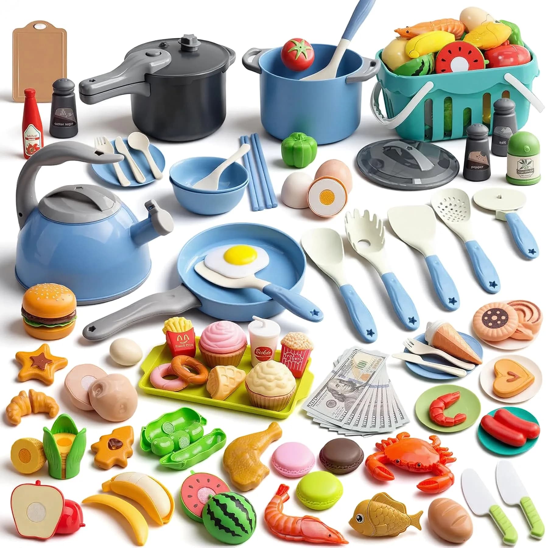 Funpynani 130Pcs Blue Pretend Play Kitchen Playset with Cutting Food & Shopping Basket | Toddler Role Play Toy - main product image
