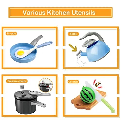 Funpynani 130Pcs Blue Pretend Play Kitchen Playset with Cutting Food & Shopping Basket | Toddler Role Play Toy thumbnail 4
