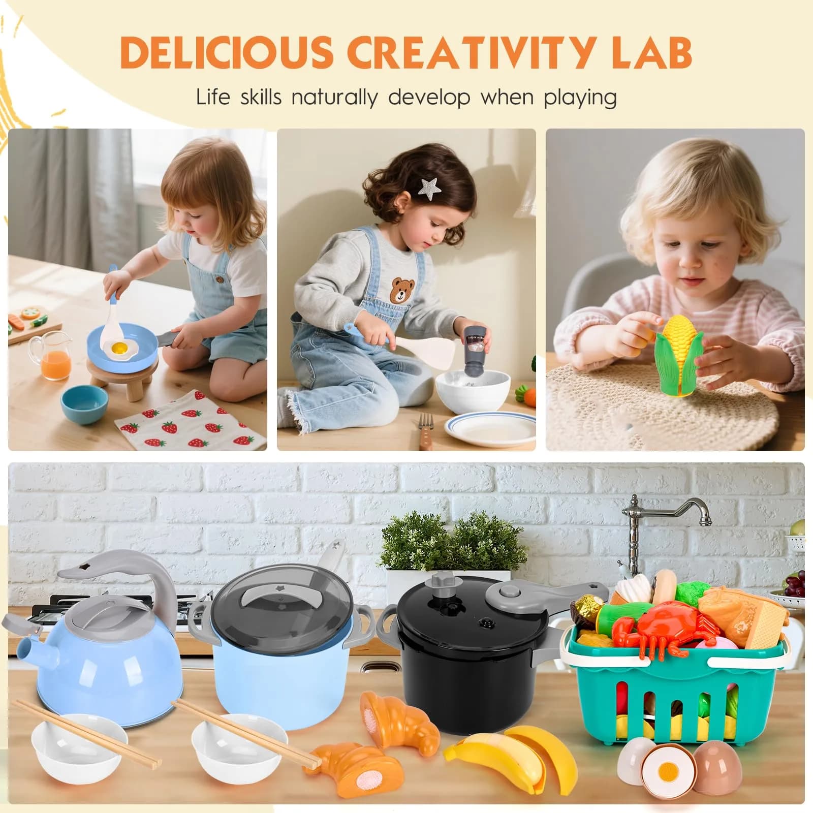 Funpynani 130Pcs Blue Pretend Play Kitchen Playset with Cutting Food & Shopping Basket | Toddler Role Play Toy - view 6