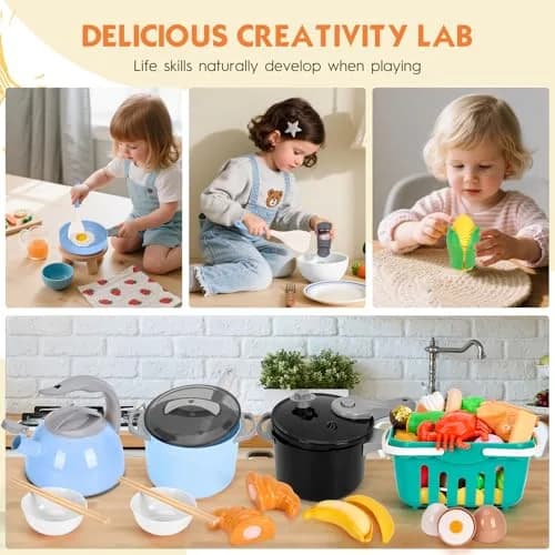 Funpynani 130Pcs Blue Pretend Play Kitchen Playset with Cutting Food & Shopping Basket | Toddler Role Play Toy thumbnail 6