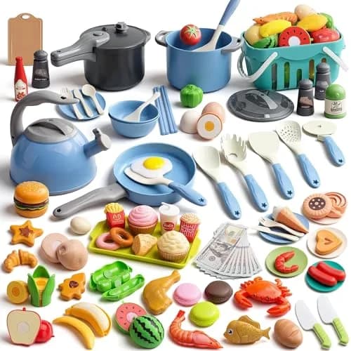 Funpynani 130Pcs Blue Pretend Play Kitchen Playset with Cutting Food & Shopping Basket | Toddler Role Play Toy thumbnail 1