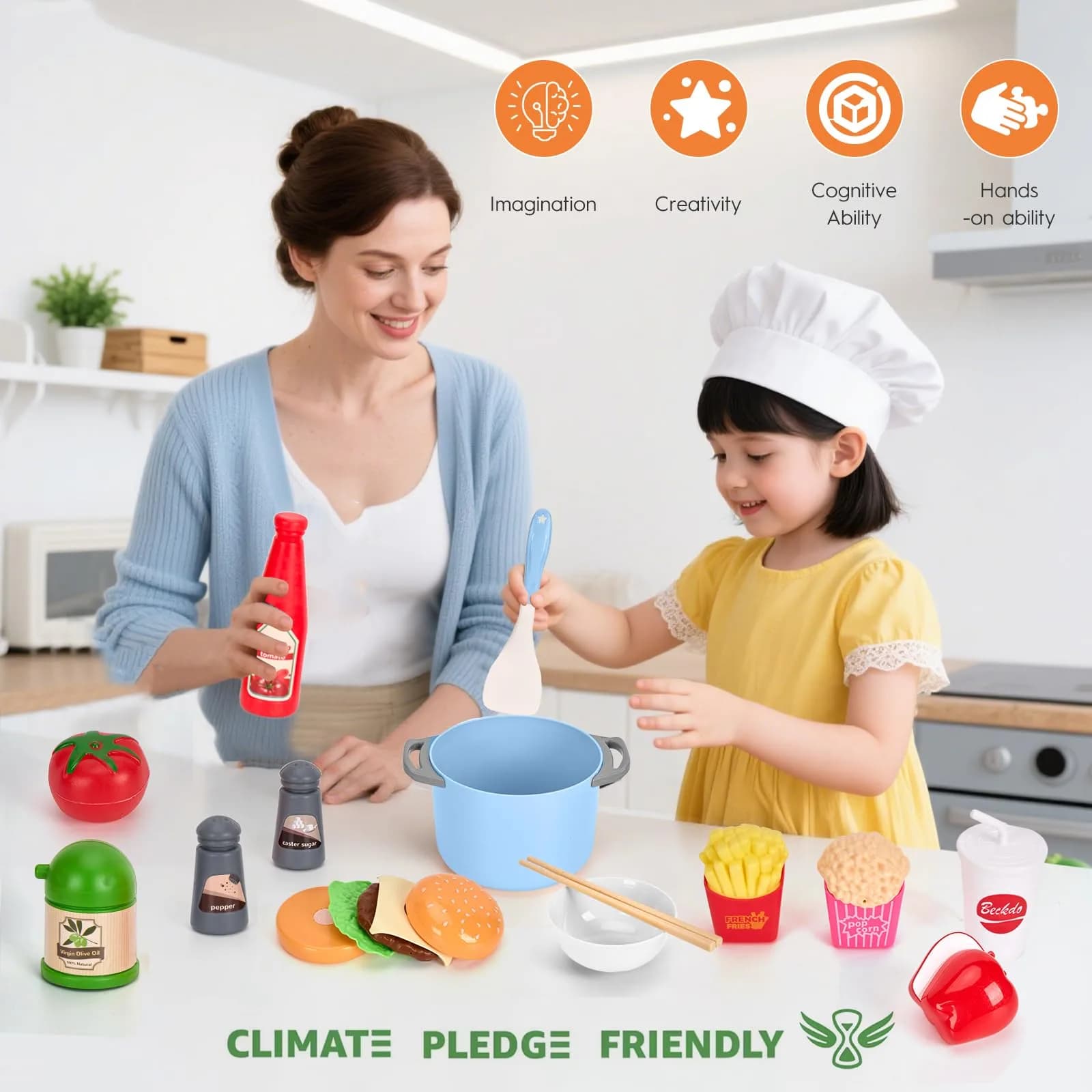 Funpynani 130Pcs Blue Pretend Play Kitchen Playset with Cutting Food & Shopping Basket | Toddler Role Play Toy - view 8