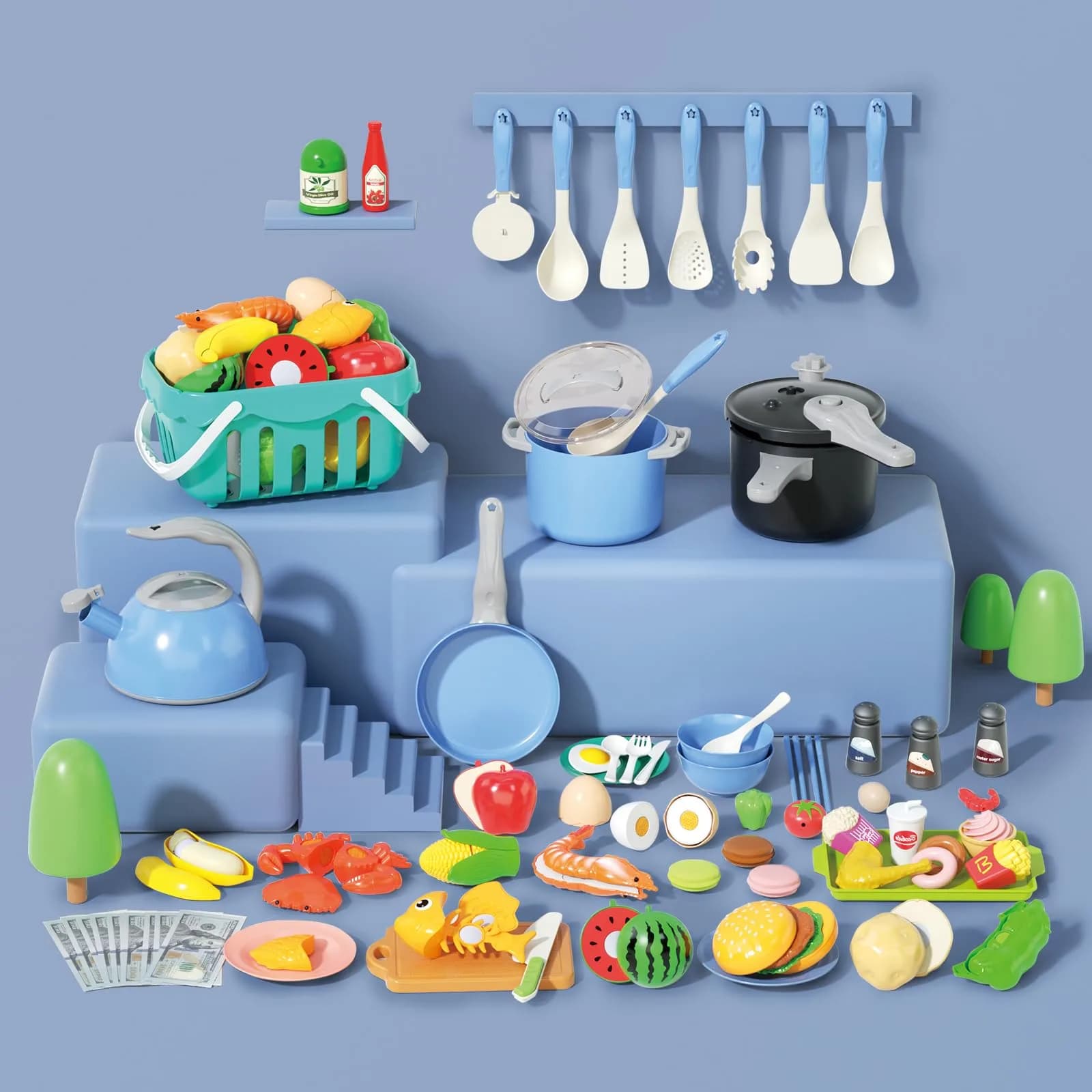 Funpynani 130Pcs Blue Pretend Play Kitchen Playset with Cutting Food & Shopping Basket | Toddler Role Play Toy - view 3