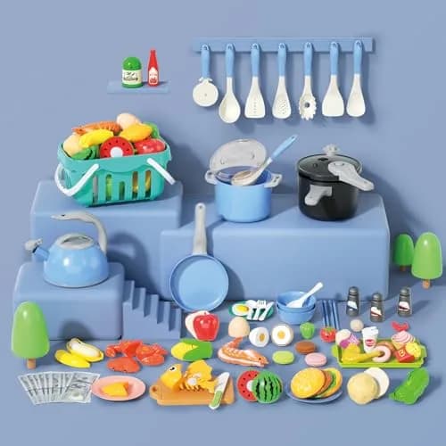 Funpynani 130Pcs Blue Pretend Play Kitchen Playset with Cutting Food & Shopping Basket | Toddler Role Play Toy thumbnail 3