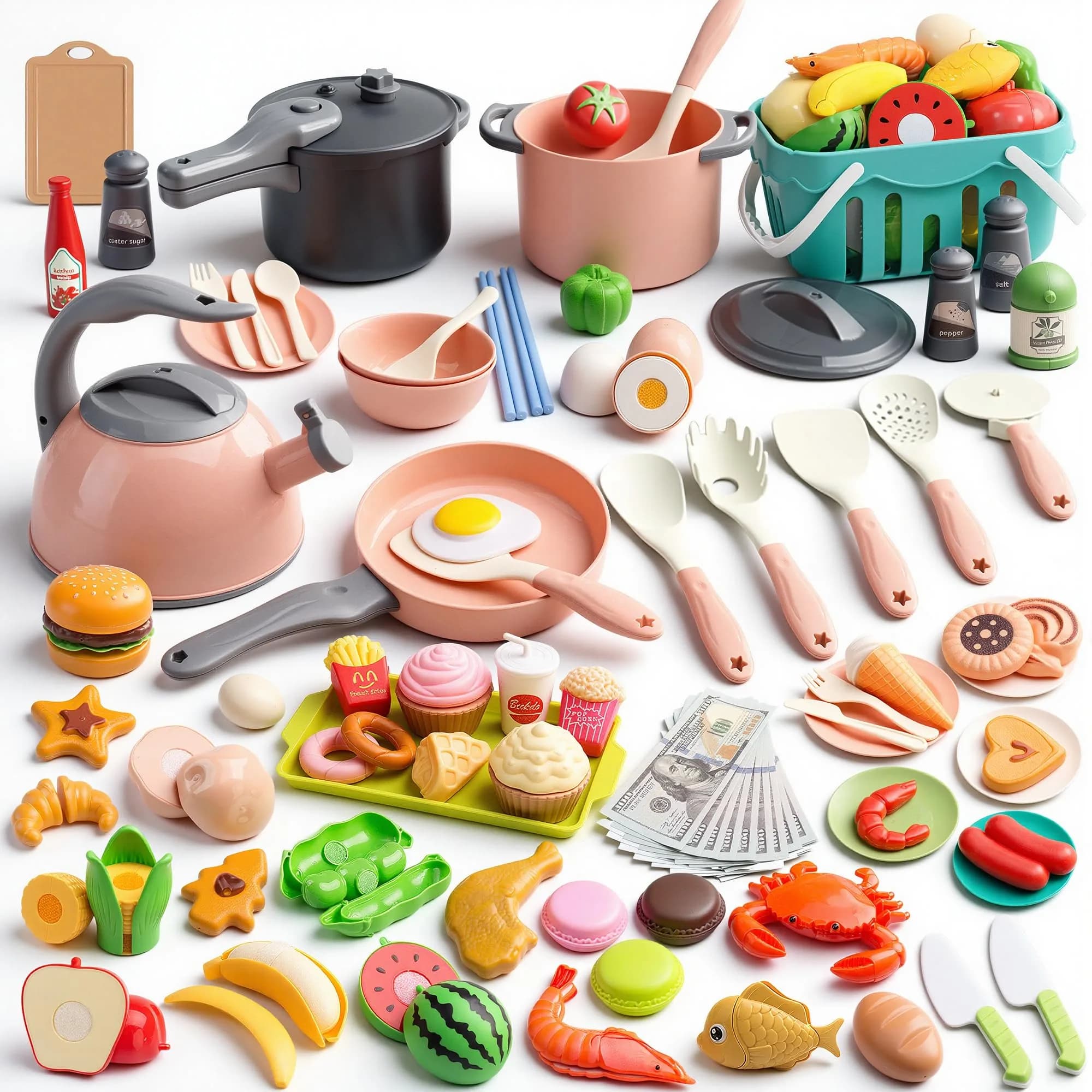 Funpynani Pink 130Pcs Pretend Play Kitchen Playset | Realistic Cutting Food, Utensils & Shopping Basket - main product image
