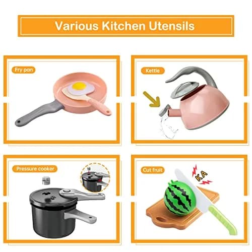 Funpynani Pink 130Pcs Pretend Play Kitchen Playset | Realistic Cutting Food, Utensils & Shopping Basket thumbnail 4