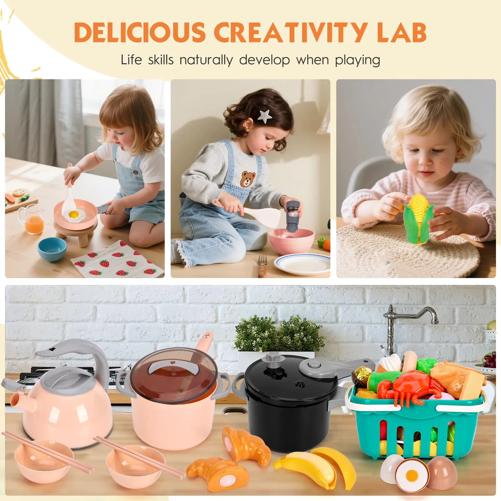 Funpynani Pink 130Pcs Pretend Play Kitchen Playset | Realistic Cutting Food, Utensils & Shopping Basket - view 6