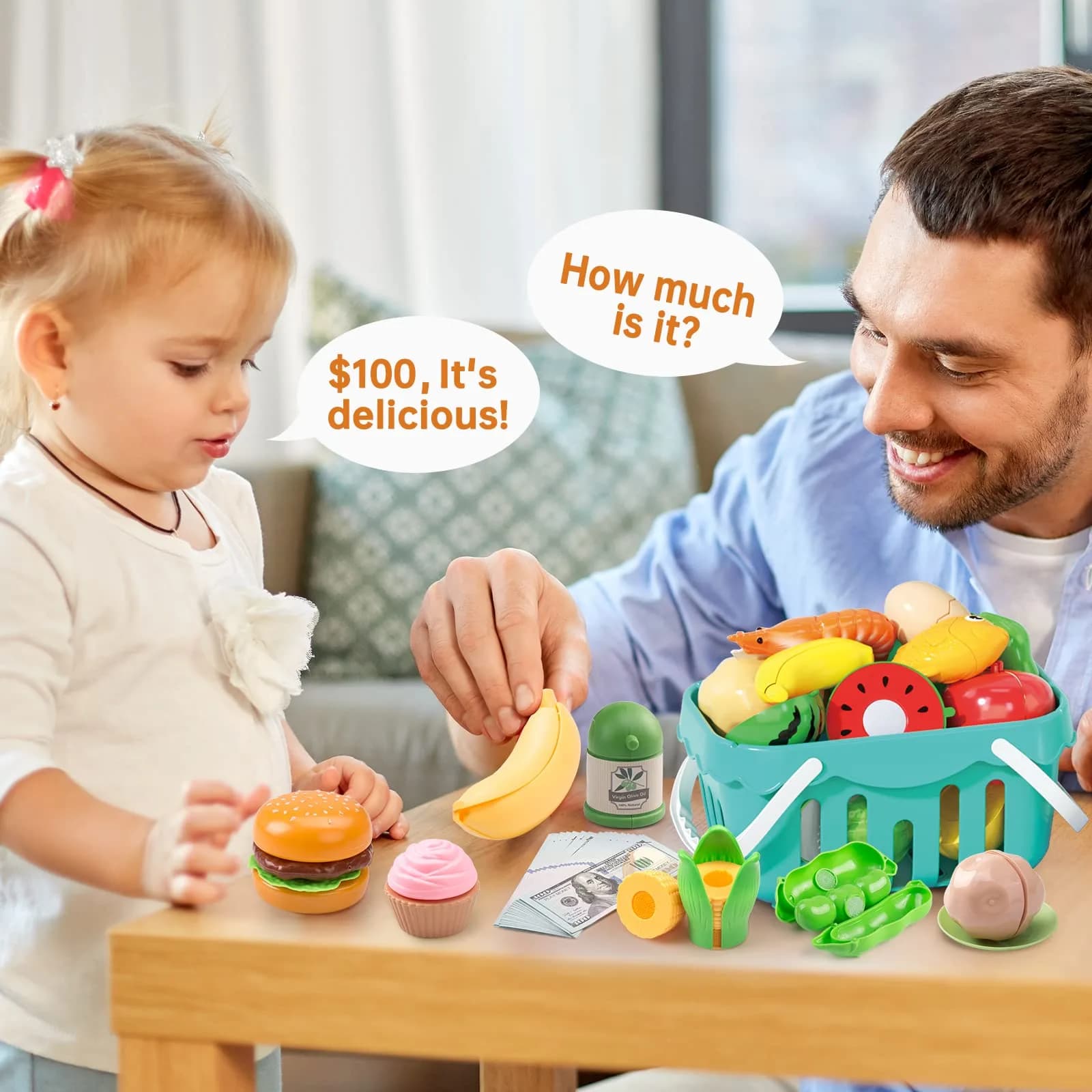 Funpynani Pink 130Pcs Pretend Play Kitchen Playset | Realistic Cutting Food, Utensils & Shopping Basket - view 7