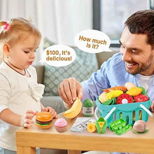 Funpynani Pink 130Pcs Pretend Play Kitchen Playset | Realistic Cutting Food, Utensils & Shopping Basket thumbnail 7