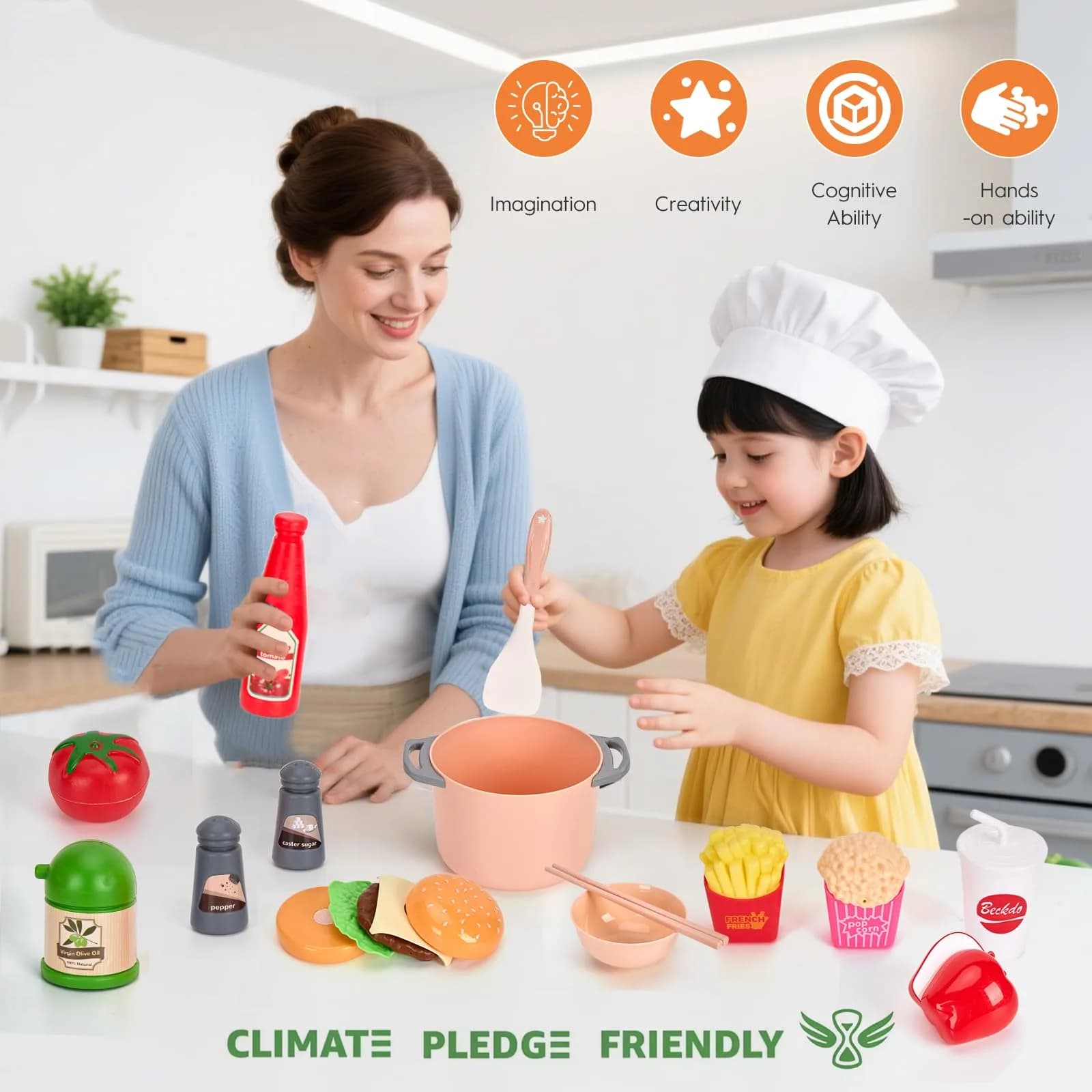 Funpynani Pink 130Pcs Pretend Play Kitchen Playset | Realistic Cutting Food, Utensils & Shopping Basket - view 8
