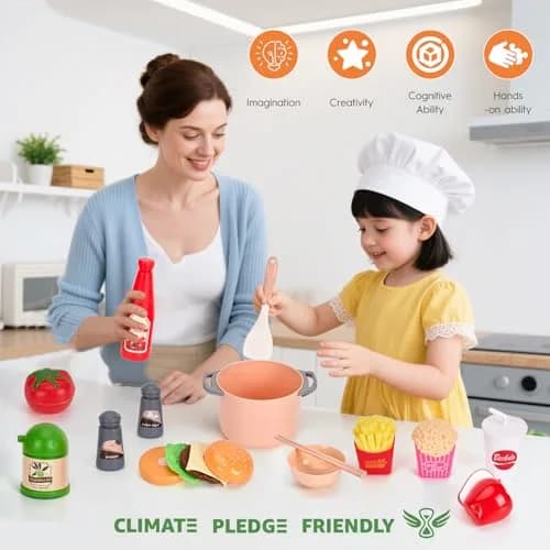 Funpynani Pink 130Pcs Pretend Play Kitchen Playset | Realistic Cutting Food, Utensils & Shopping Basket thumbnail 8