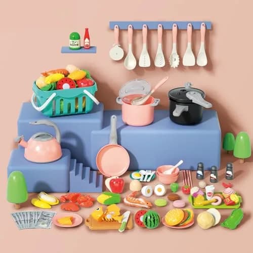 Funpynani Pink 130Pcs Pretend Play Kitchen Playset | Realistic Cutting Food, Utensils & Shopping Basket thumbnail 3