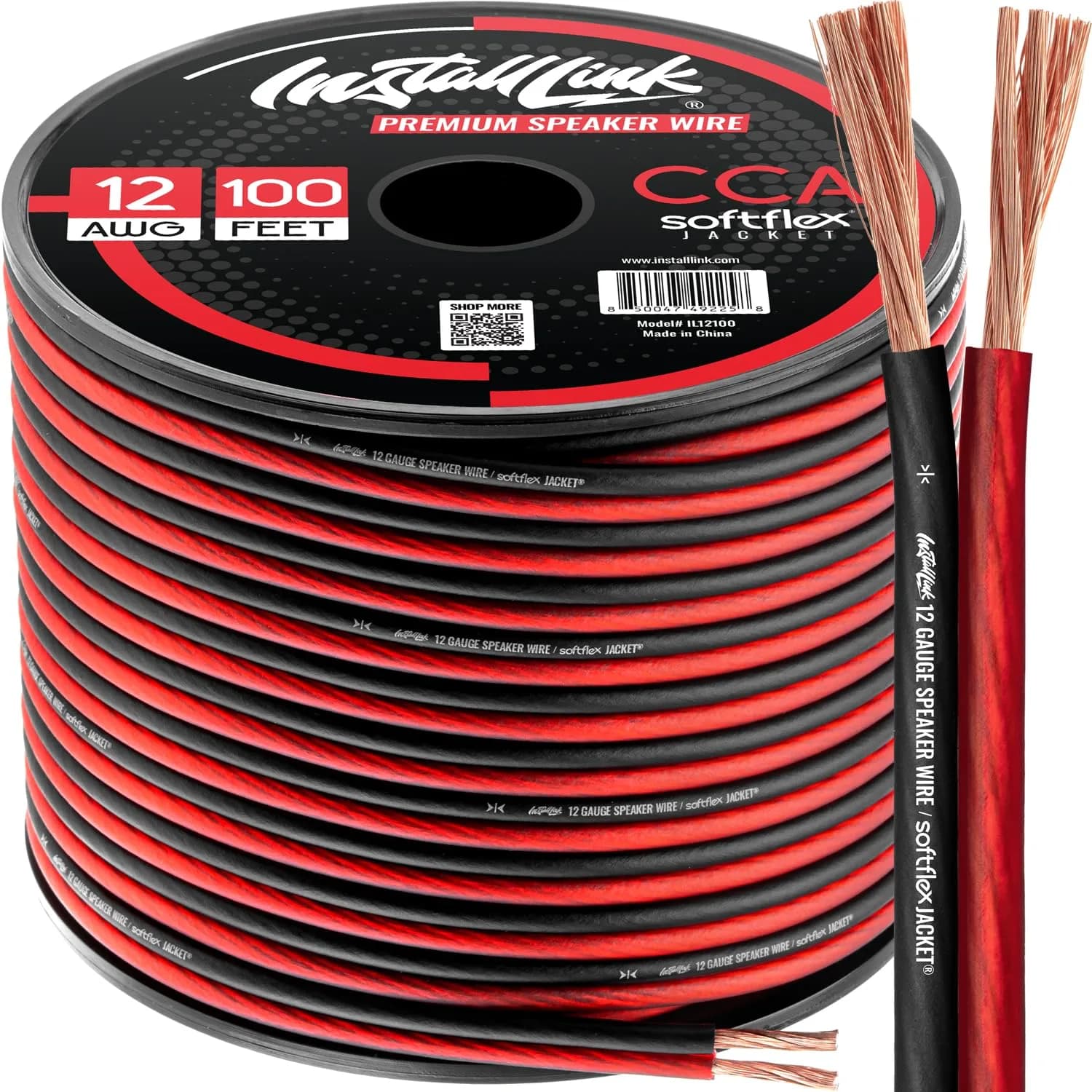Install Link 12 AWG Gauge Speaker Wire Cable 100 Feet (30.5m) | Premium CCA for Home Theater & Car Audio — Frosted Red/Black