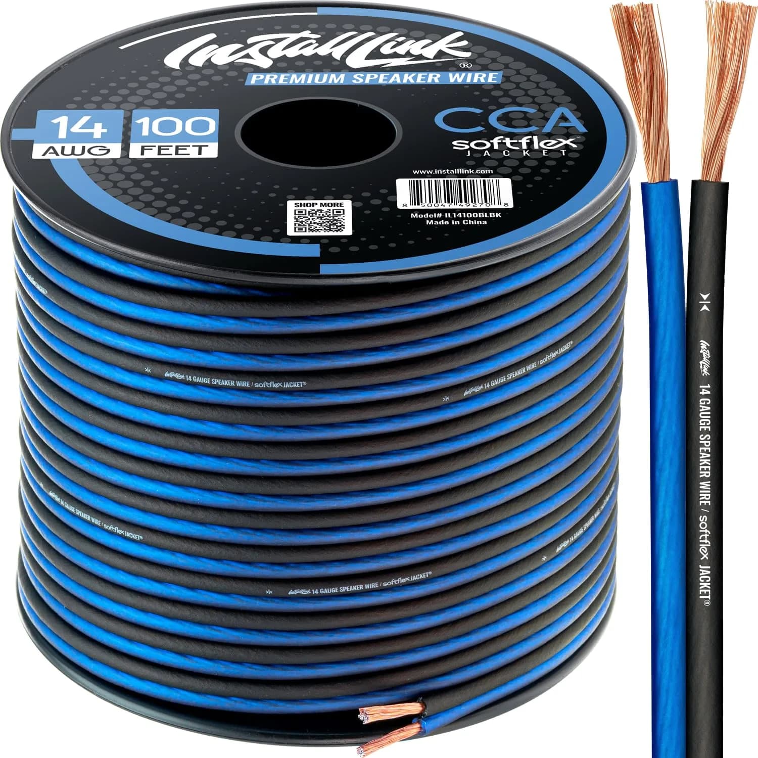 Install Link 14 AWG Gauge Speaker Wire 30.5m (100 Feet) | CCA for Home Theater & Car Audio — Frosted Blue/Black